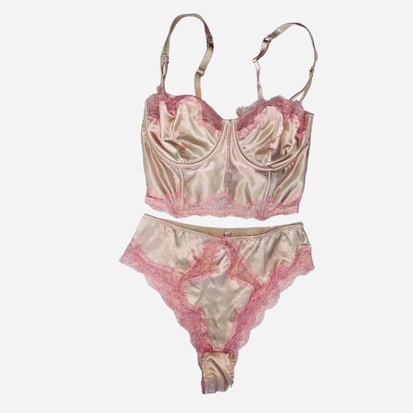 VS Dream Angels Champagne Satin Lace Long Unlined 32DDD Bra w matching SM panty - Picture 7 of 8